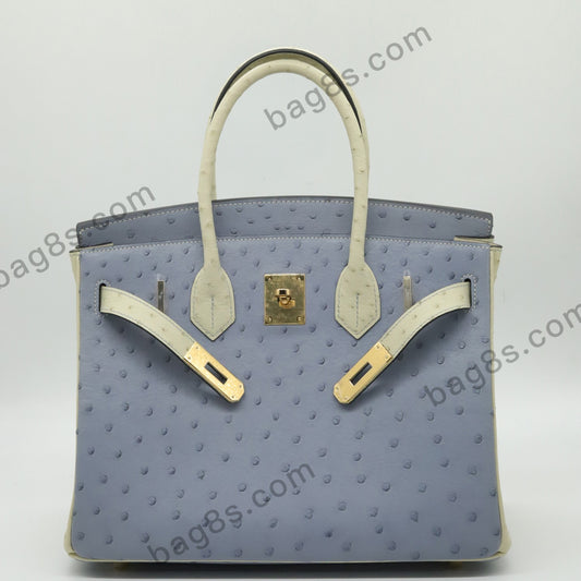 Ostrich leather platinum 30 linen blue and wool platinum buckle