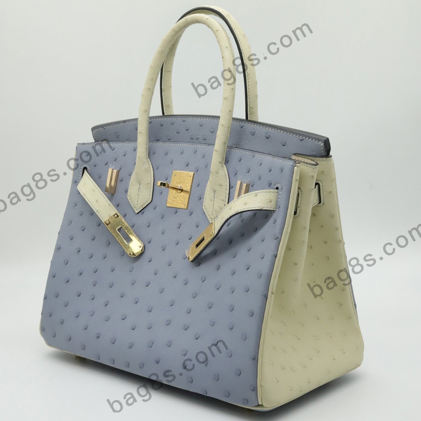 Ostrich leather platinum 30 linen blue and wool platinum buckle