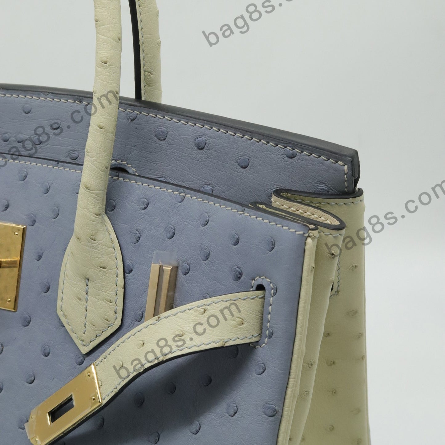 Ostrich leather platinum 30 linen blue and wool platinum buckle