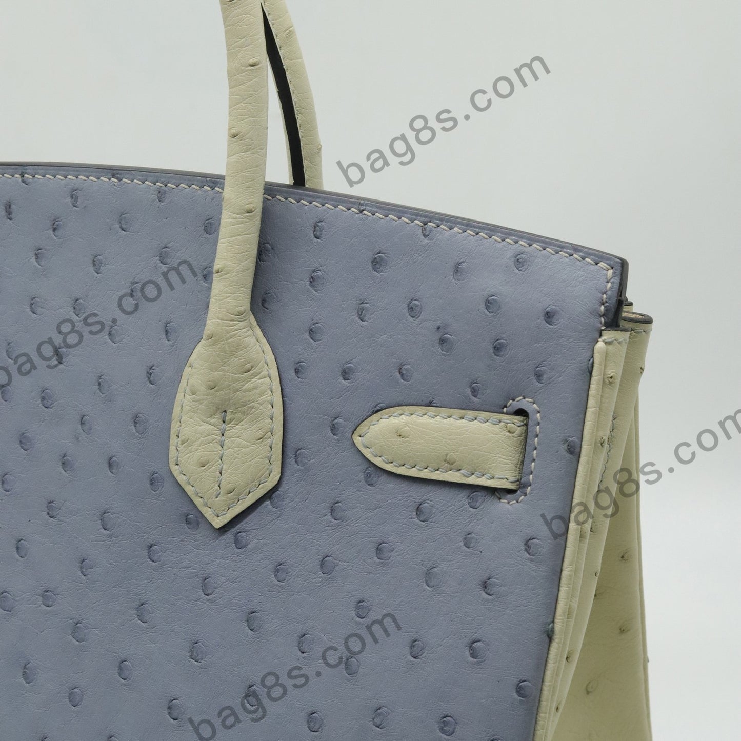 Ostrich leather platinum 30 linen blue and wool platinum buckle