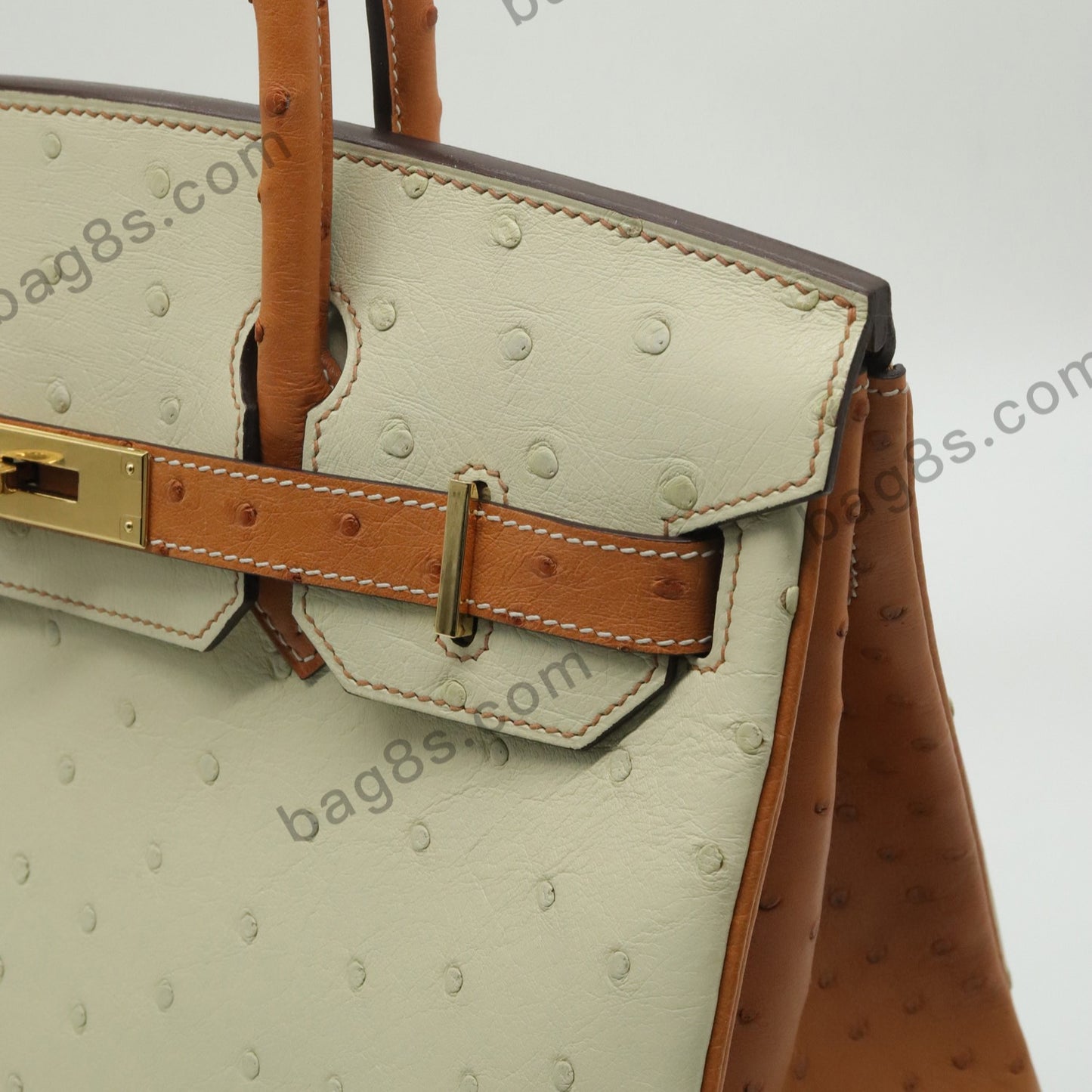 Ostrich leather platinum 30 wool white and golden brown gold buckle