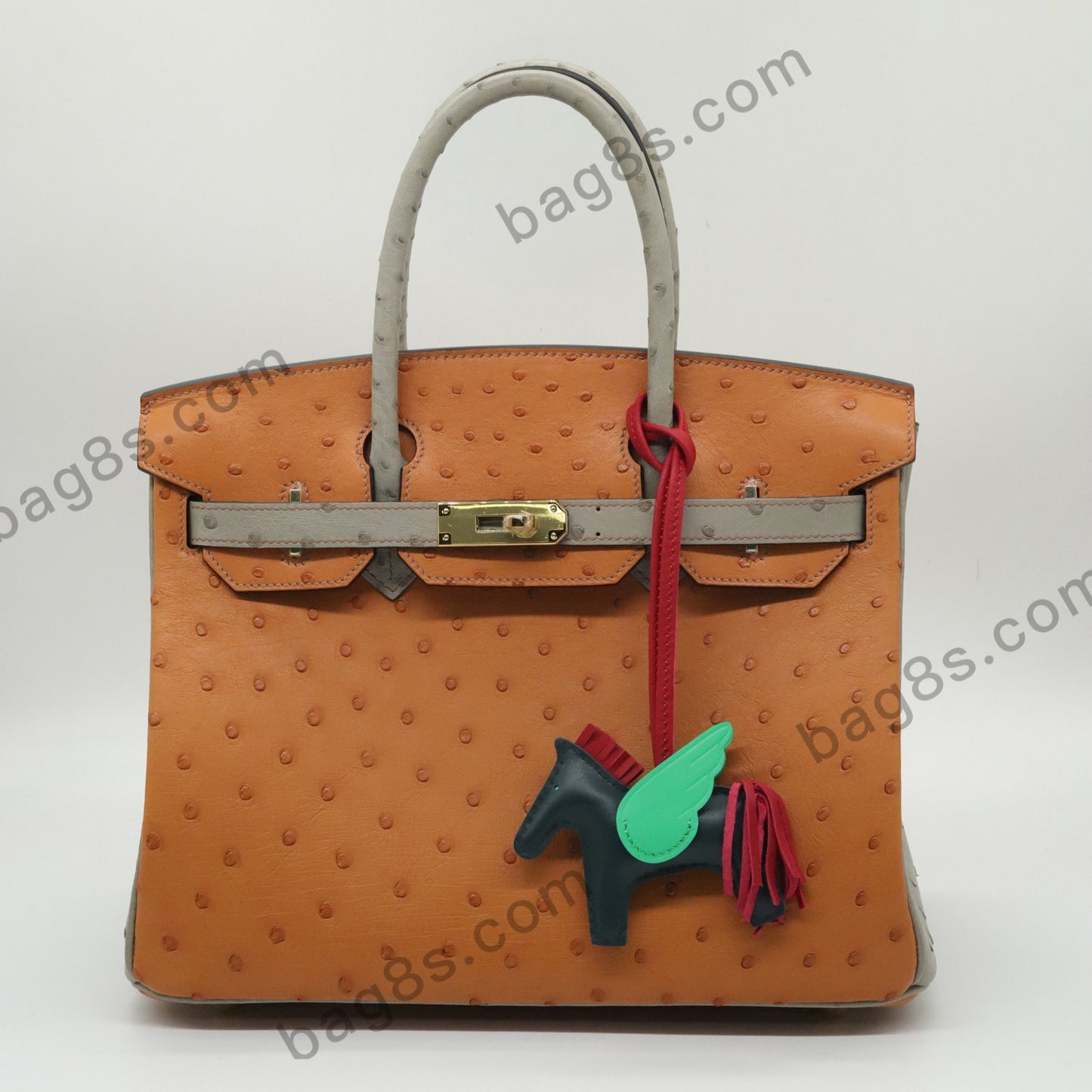 Ostrich leather platinum 30 golden brown with grey gold buckle