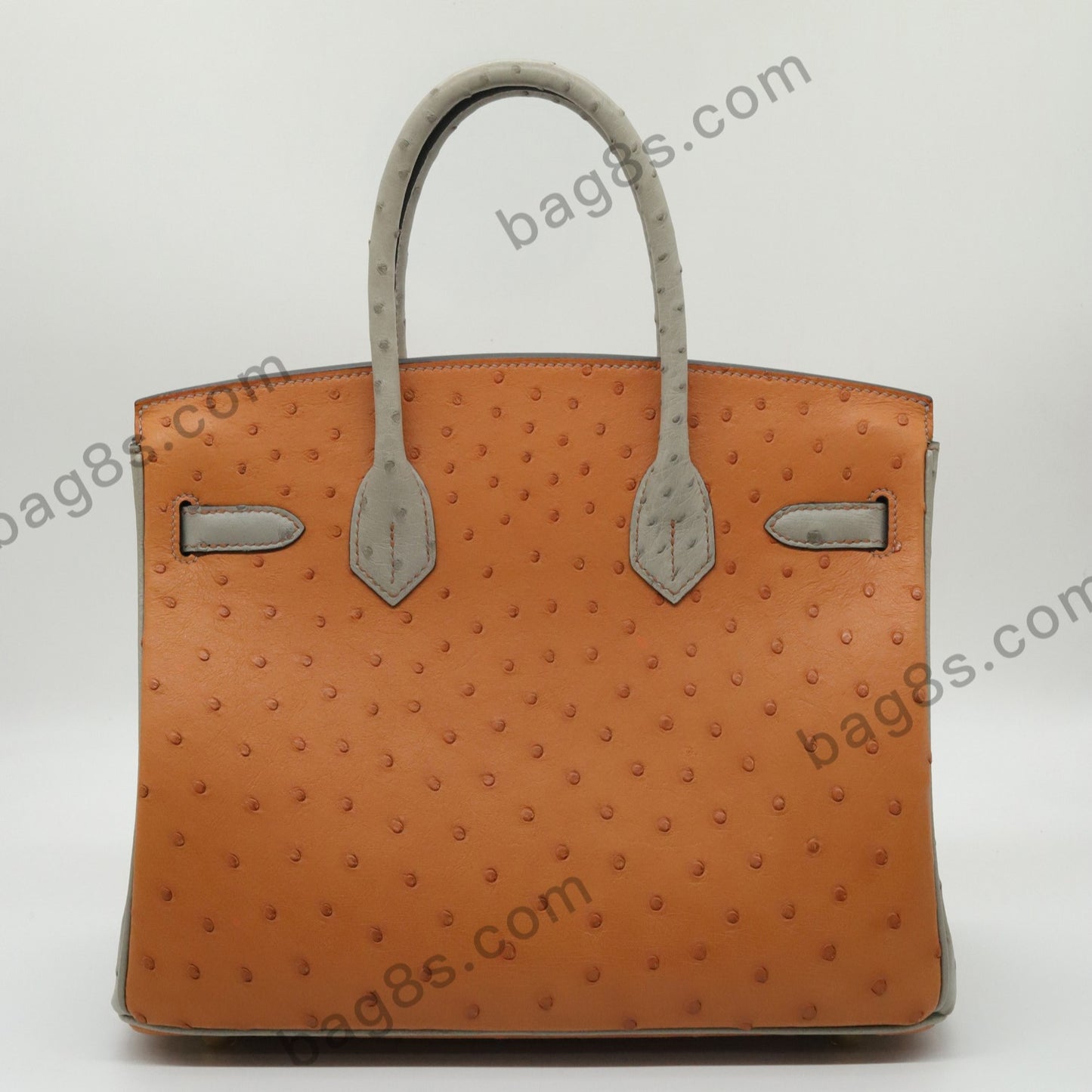 Ostrich leather platinum 30 golden brown with grey gold buckle