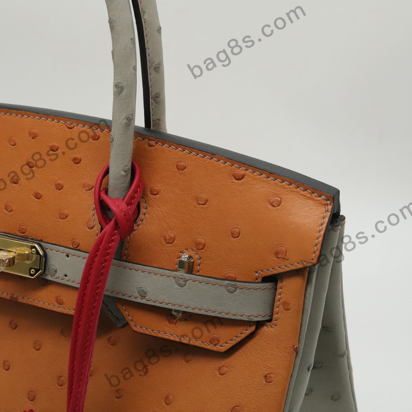 Ostrich leather platinum 30 golden brown with grey gold buckle