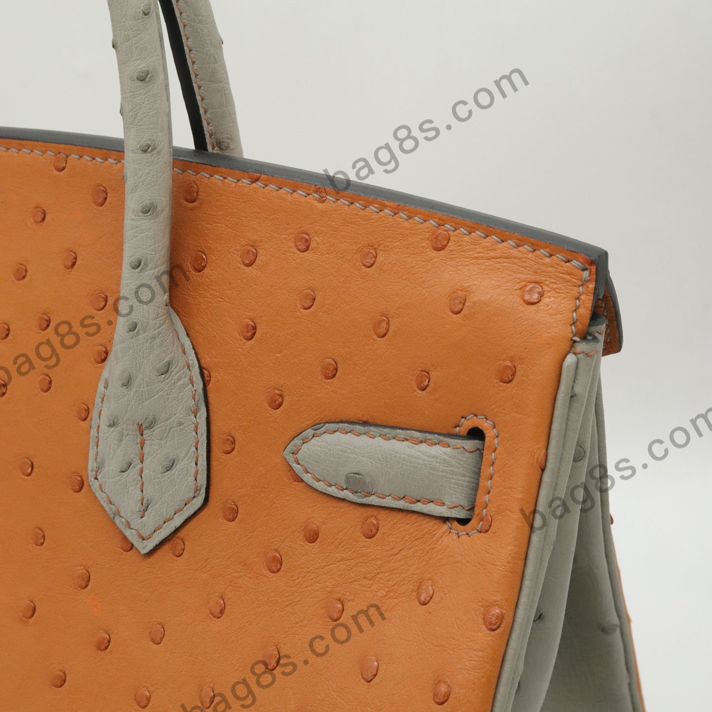 Ostrich leather platinum 30 golden brown with grey gold buckle