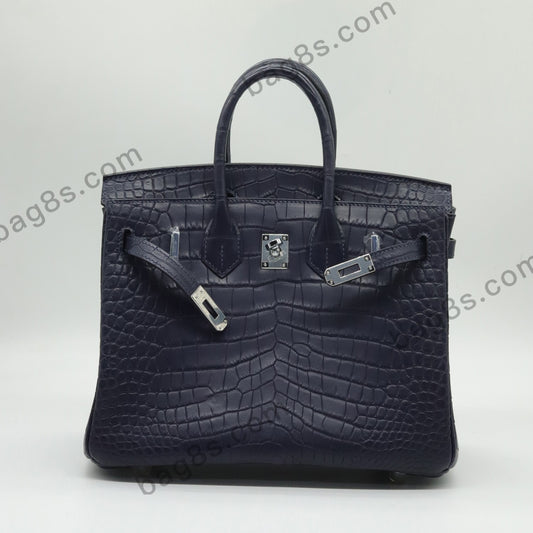 Matte Crocodile Platinum 25 Midnight Blue Silver Buckle Blue Nuit