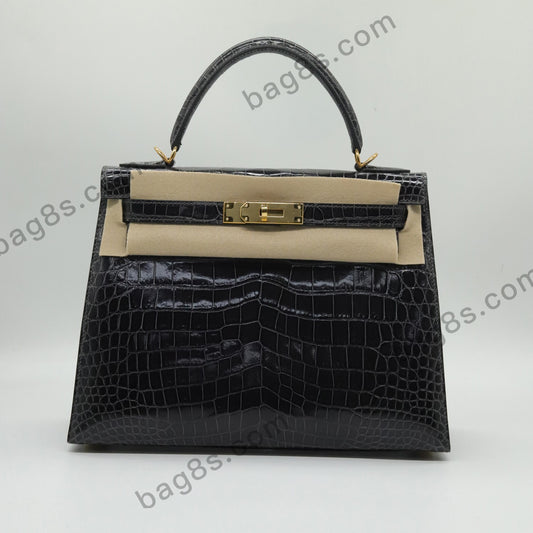 Glossy Crocodile Kelly 28 Graphite Grey Gold Buckle