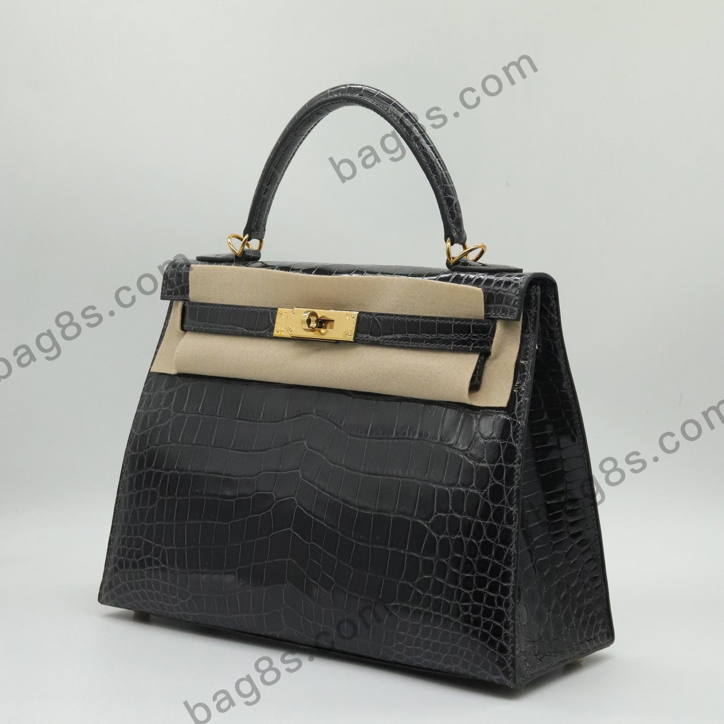 Glossy Crocodile Kelly 28 Graphite Grey Gold Buckle