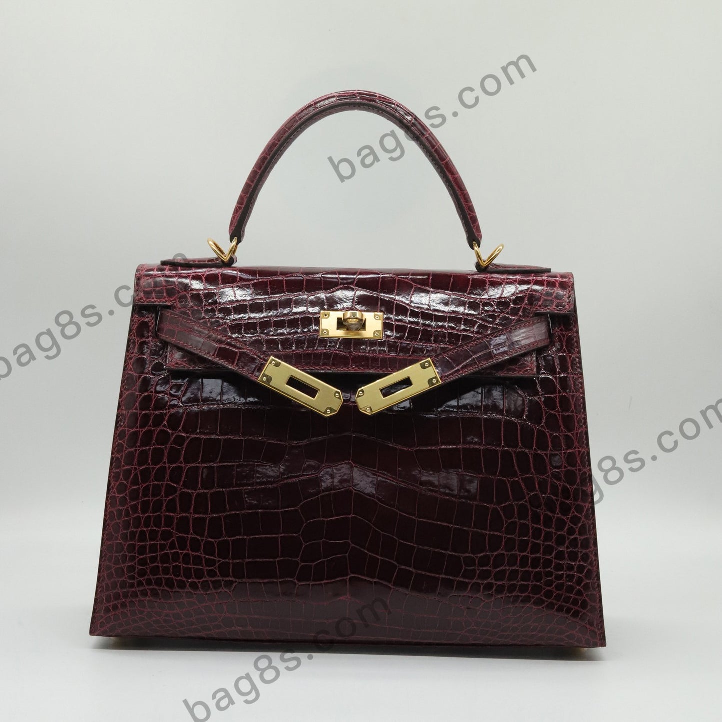 Glossy Crocodile Kelly 28 Bordeaux Red Gold Buckle