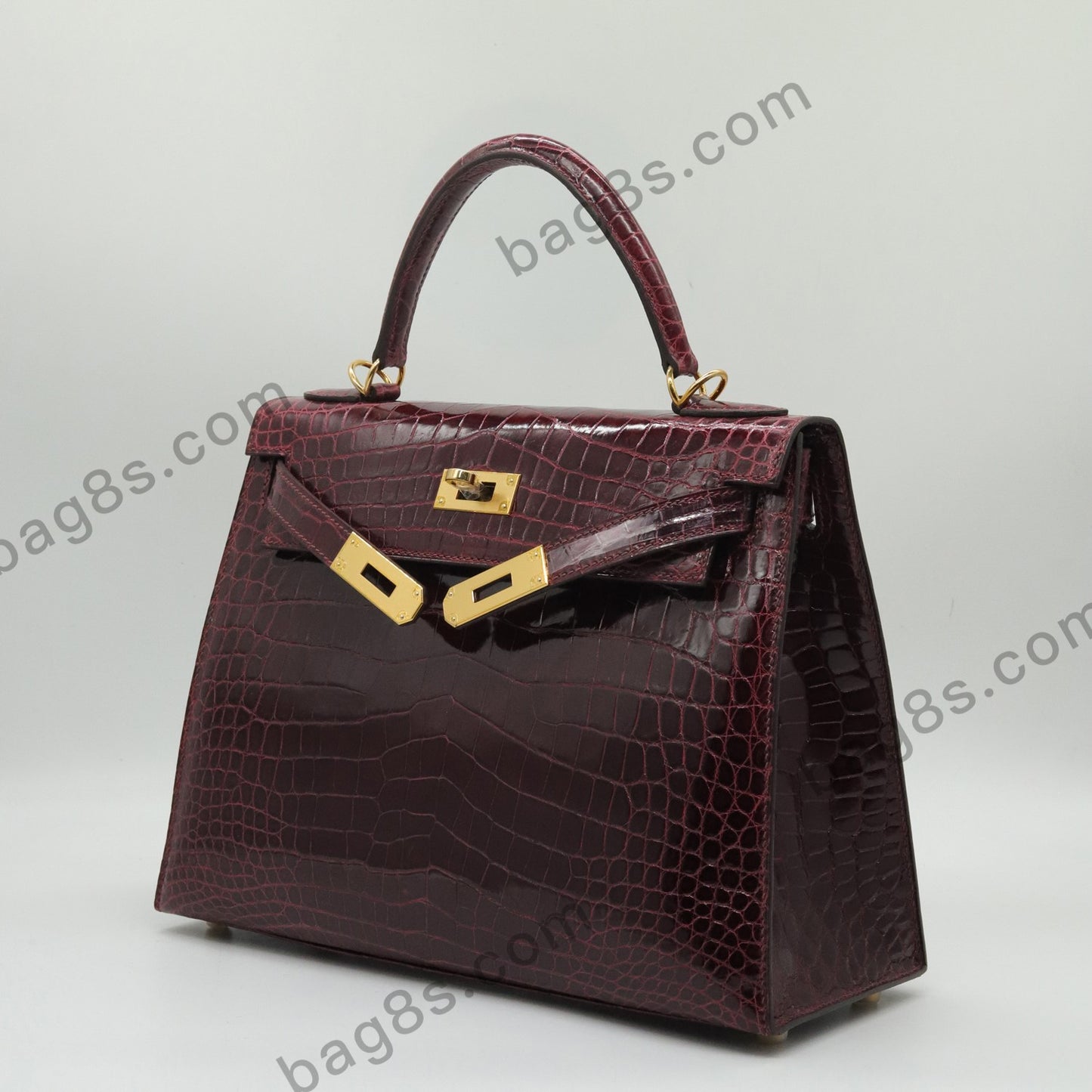 Glossy Crocodile Kelly 28 Bordeaux Red Gold Buckle