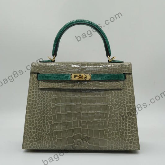 Glossy American Alligator Kelly 25 Turtledove Grey with Emerald Green and Gold Buckle