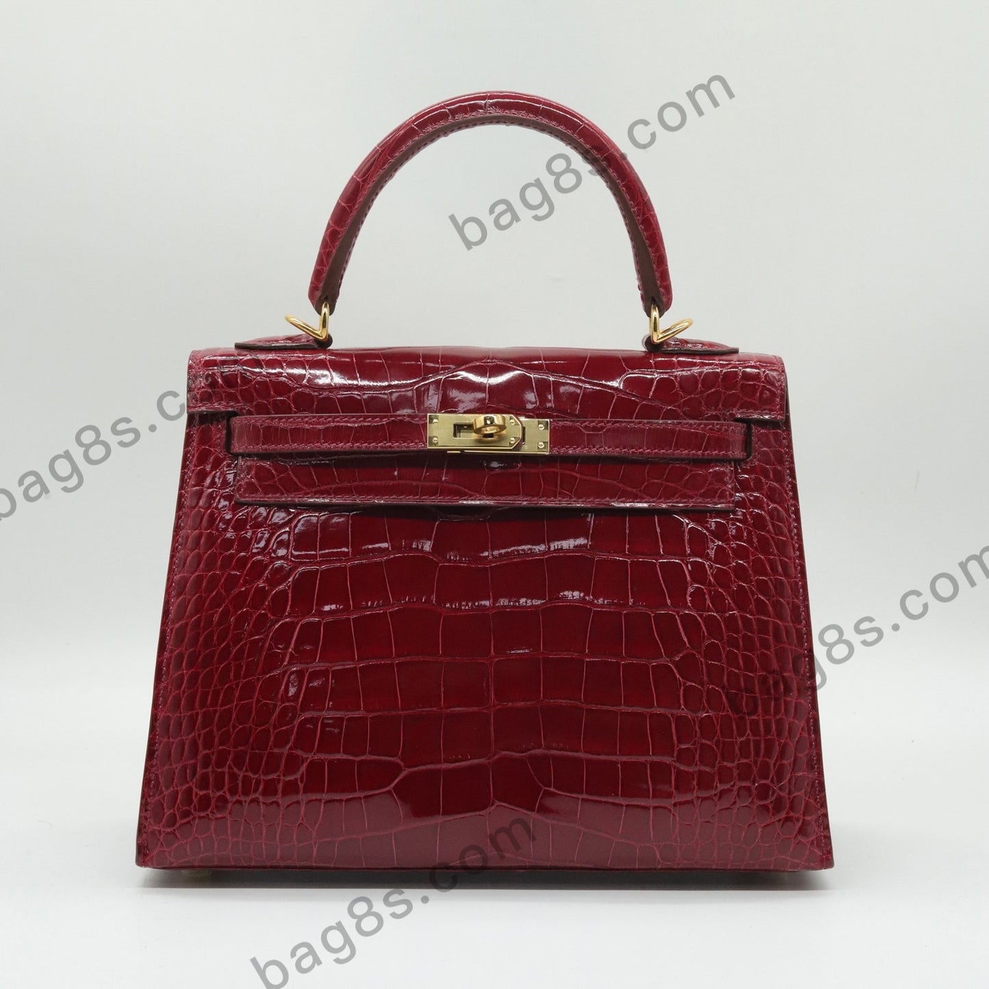 Glossy Alligator Kelly 25 Burgundy Gold Buckle