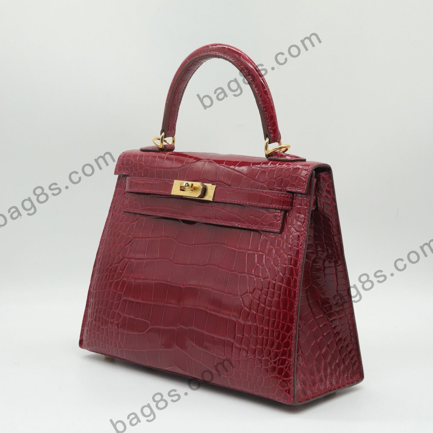 Glossy Alligator Kelly 25 Burgundy Gold Buckle