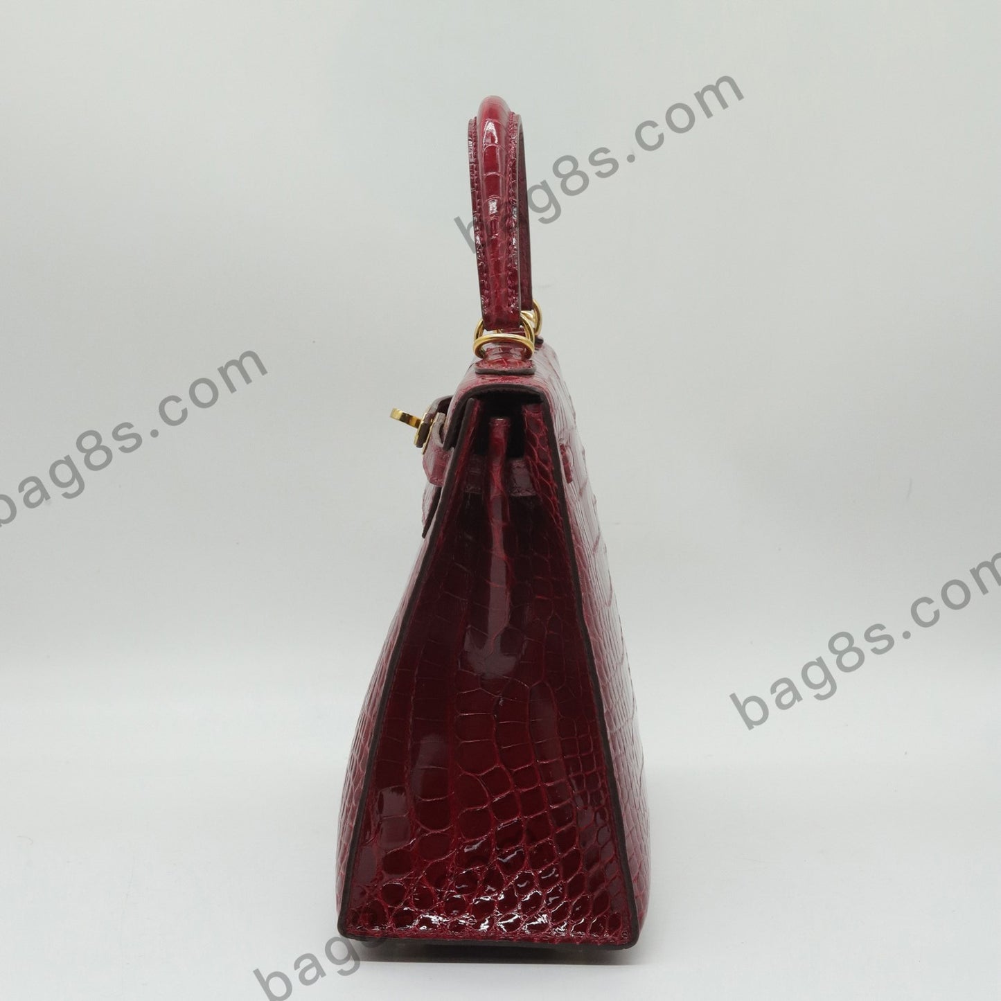 Glossy Alligator Kelly 25 Burgundy Gold Buckle