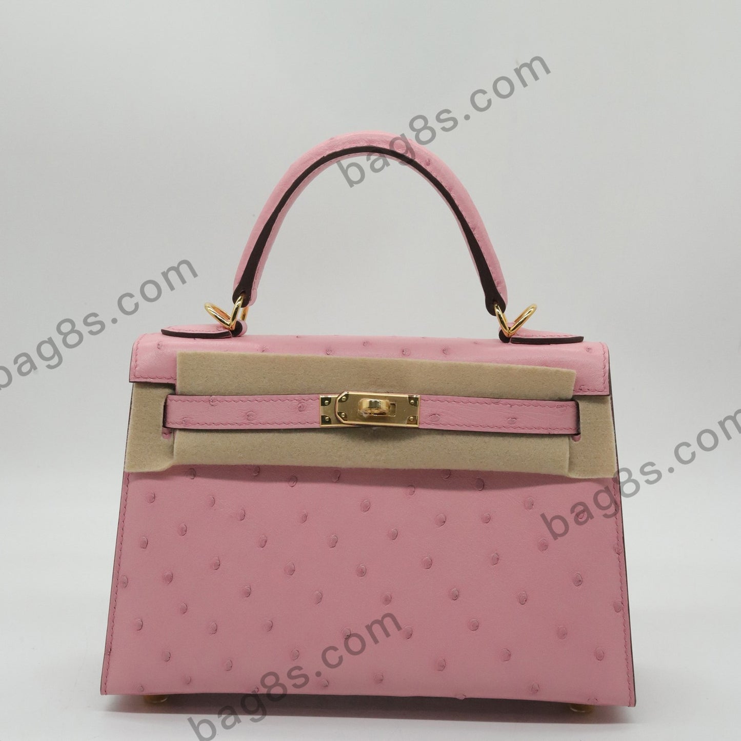 Ostrich leather Kelly 22 cherry pink gold buckle