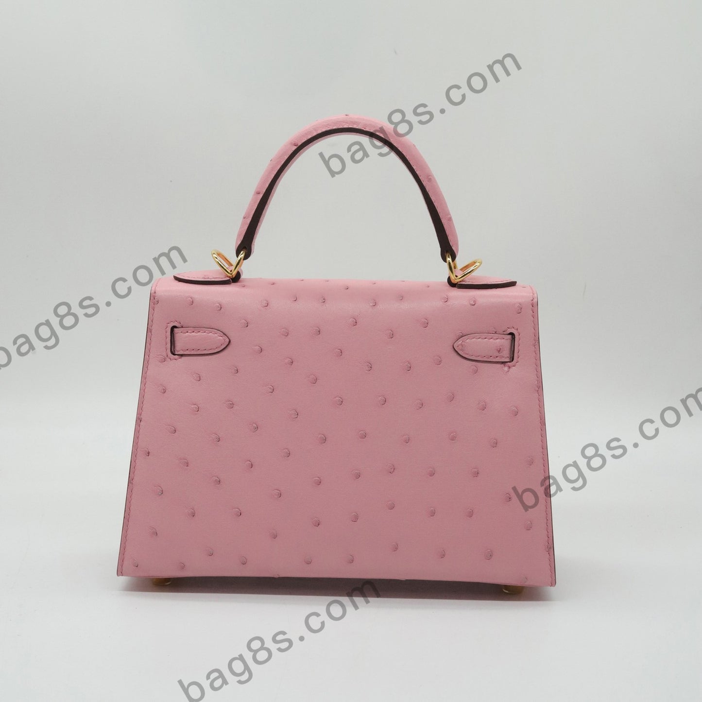 Ostrich leather Kelly 22 cherry pink gold buckle