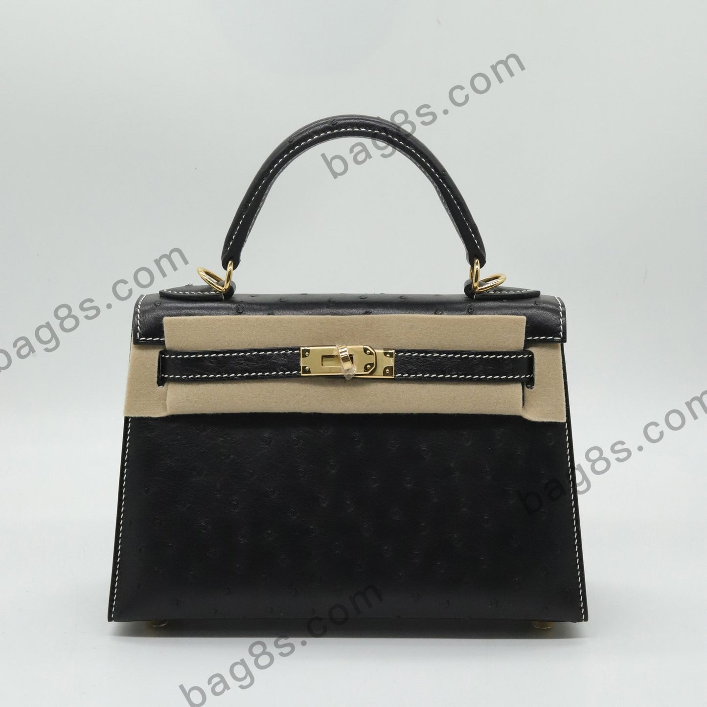 Ostrich leather Kelly 22 black gold buckle