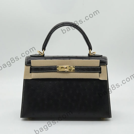 Ostrich leather Kelly 22 black gold buckle