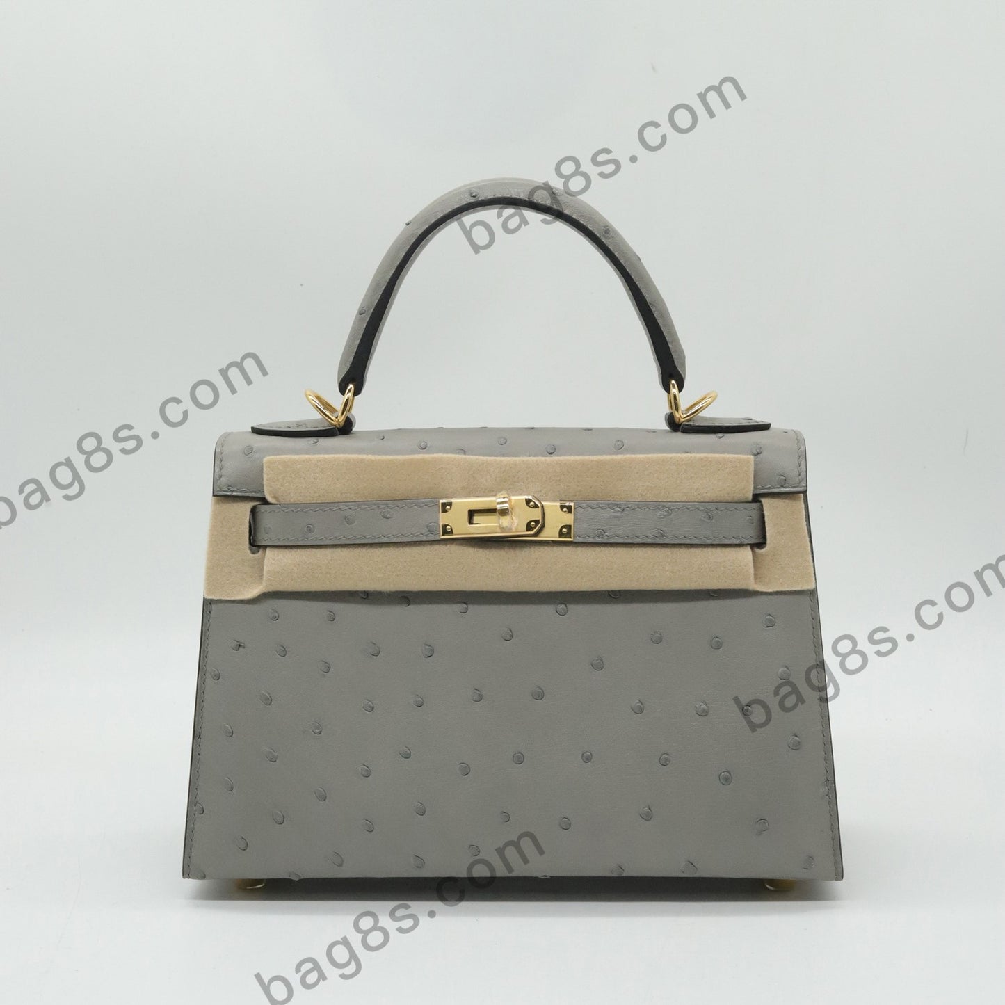 Ostrich leather Kelly 22 grey gold buckle