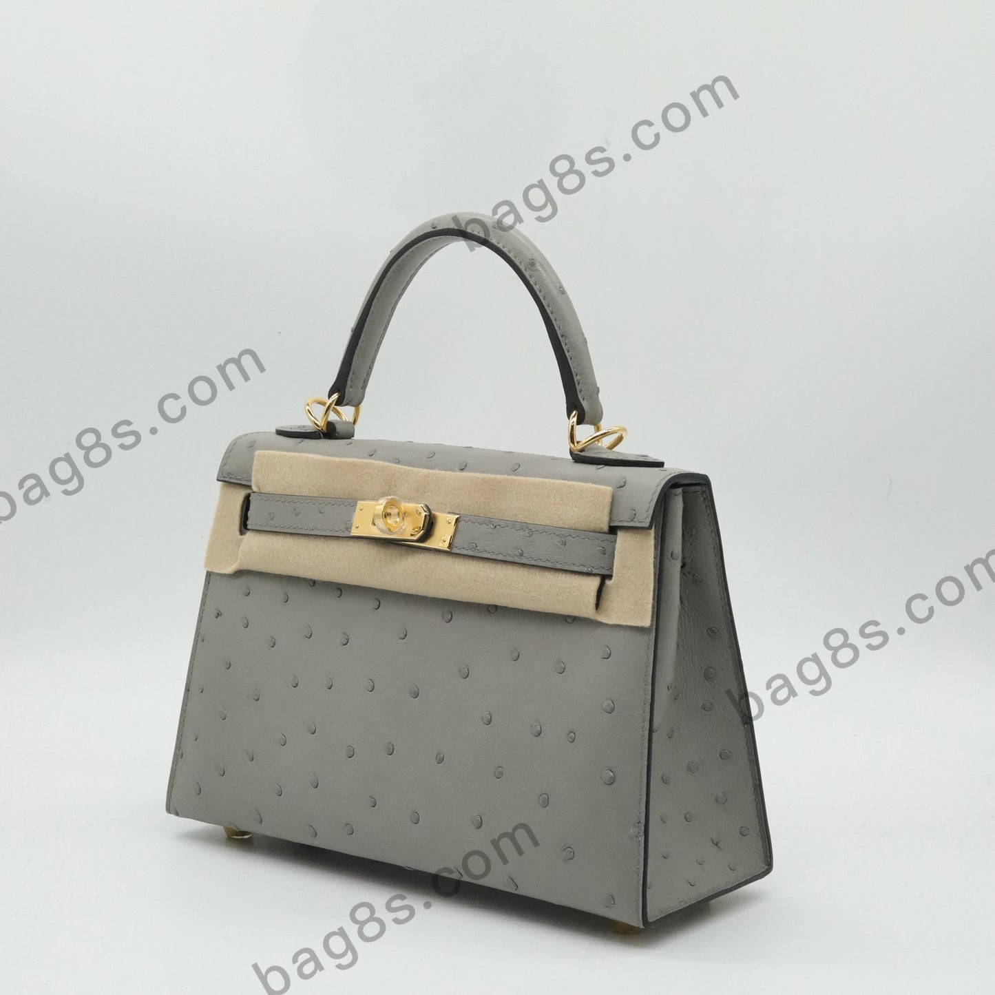 Ostrich leather Kelly 22 grey gold buckle