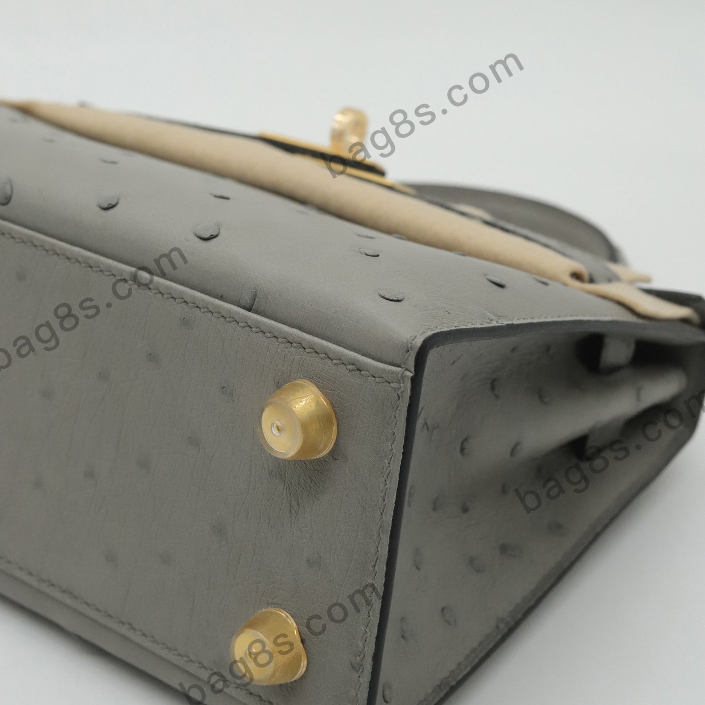 Ostrich leather Kelly 22 grey gold buckle