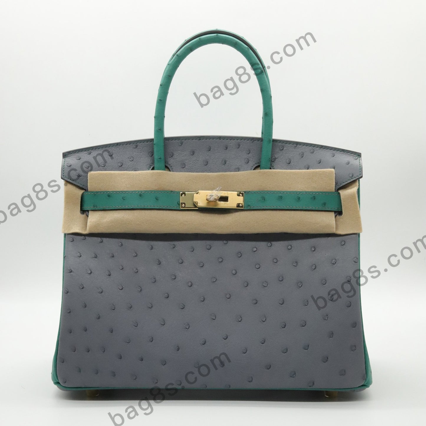 Ostrich leather platinum 30 seagull grey velvet green gold buckle