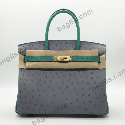 Ostrich leather platinum 30 seagull grey velvet green gold buckle