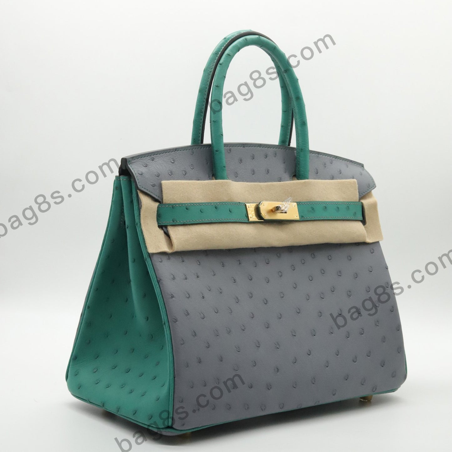 Ostrich leather platinum 30 seagull grey velvet green gold buckle