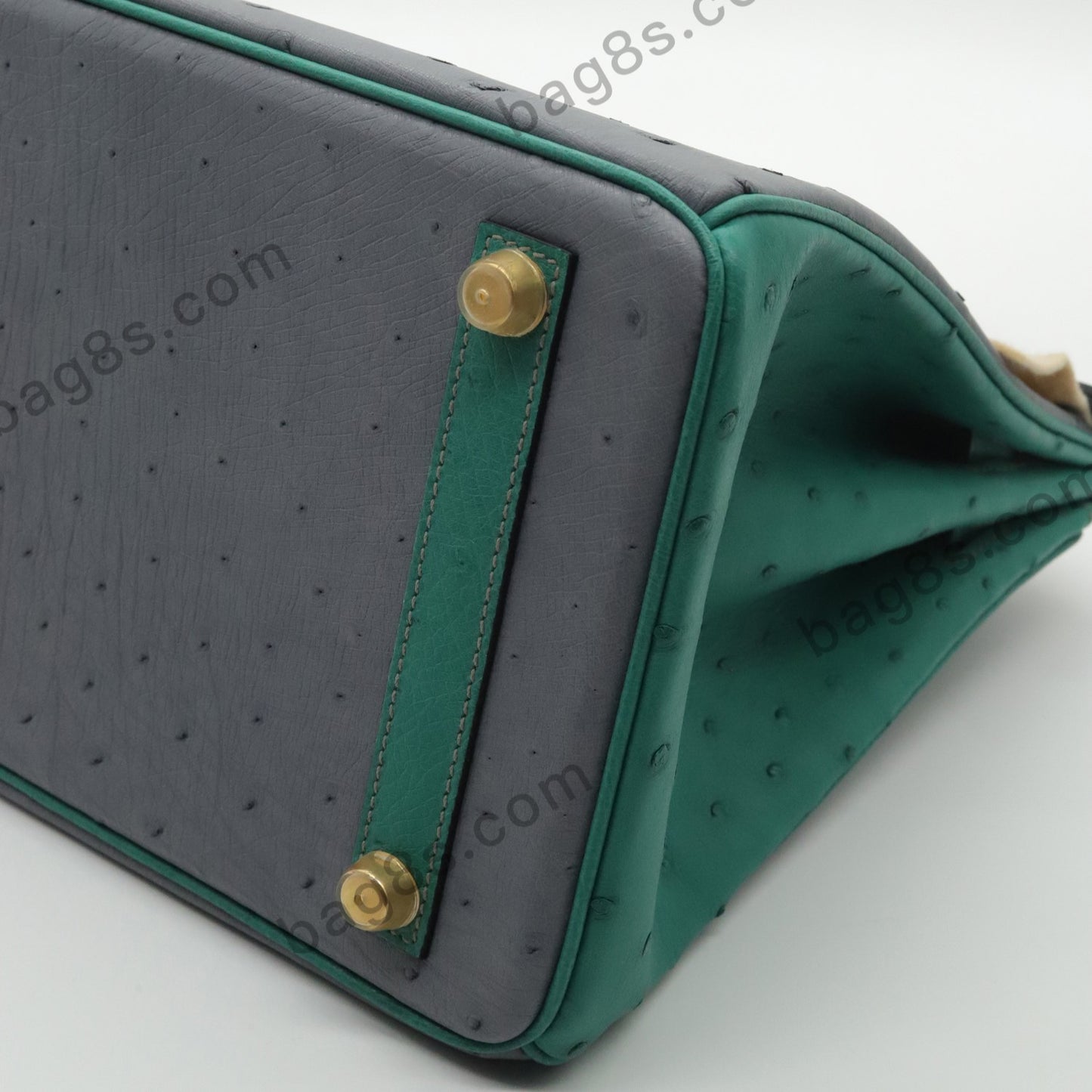 Ostrich leather platinum 30 seagull grey velvet green gold buckle