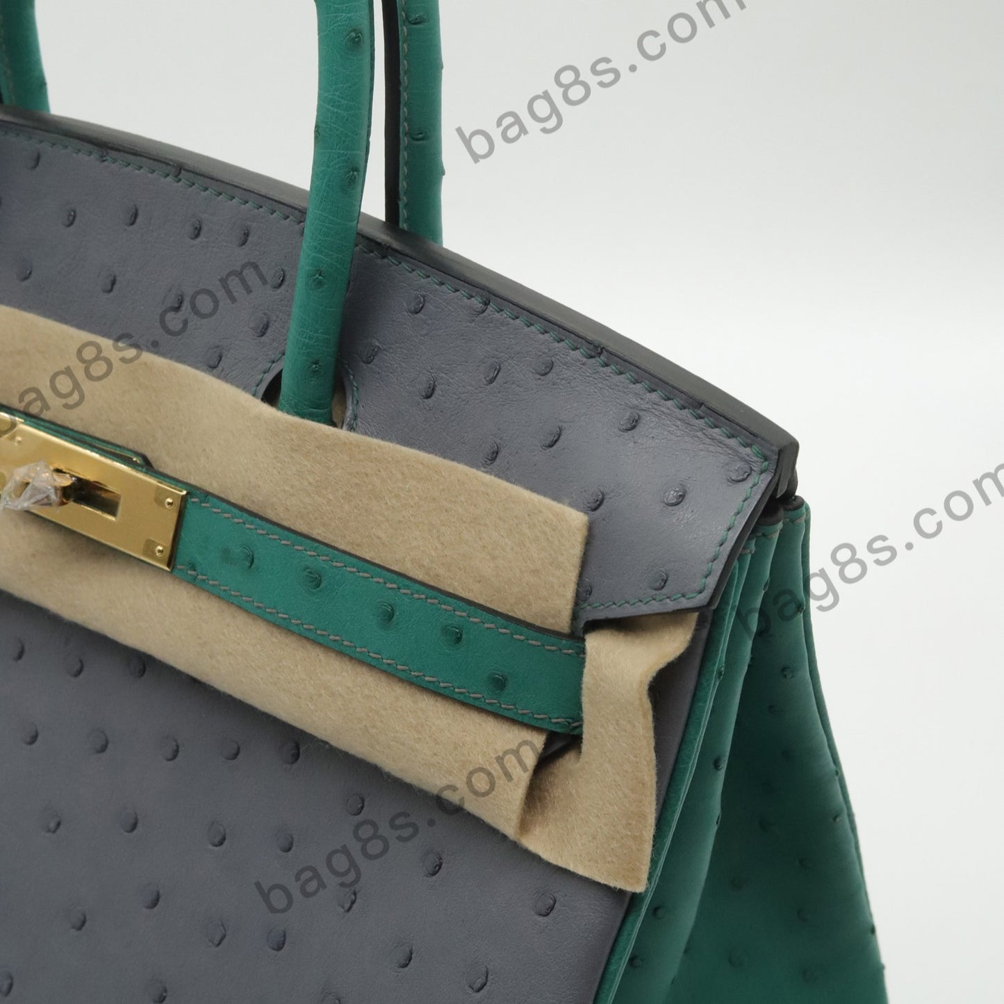 Ostrich leather platinum 30 seagull grey velvet green gold buckle