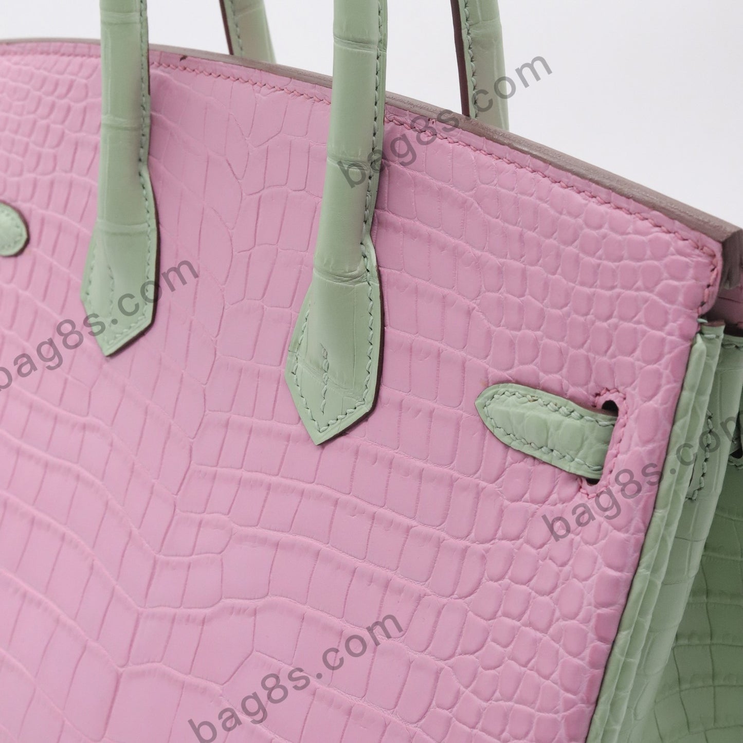 Matte Crocodile Platinum 25 Cherry Blossom Pink and Mint Green Gold Buckle