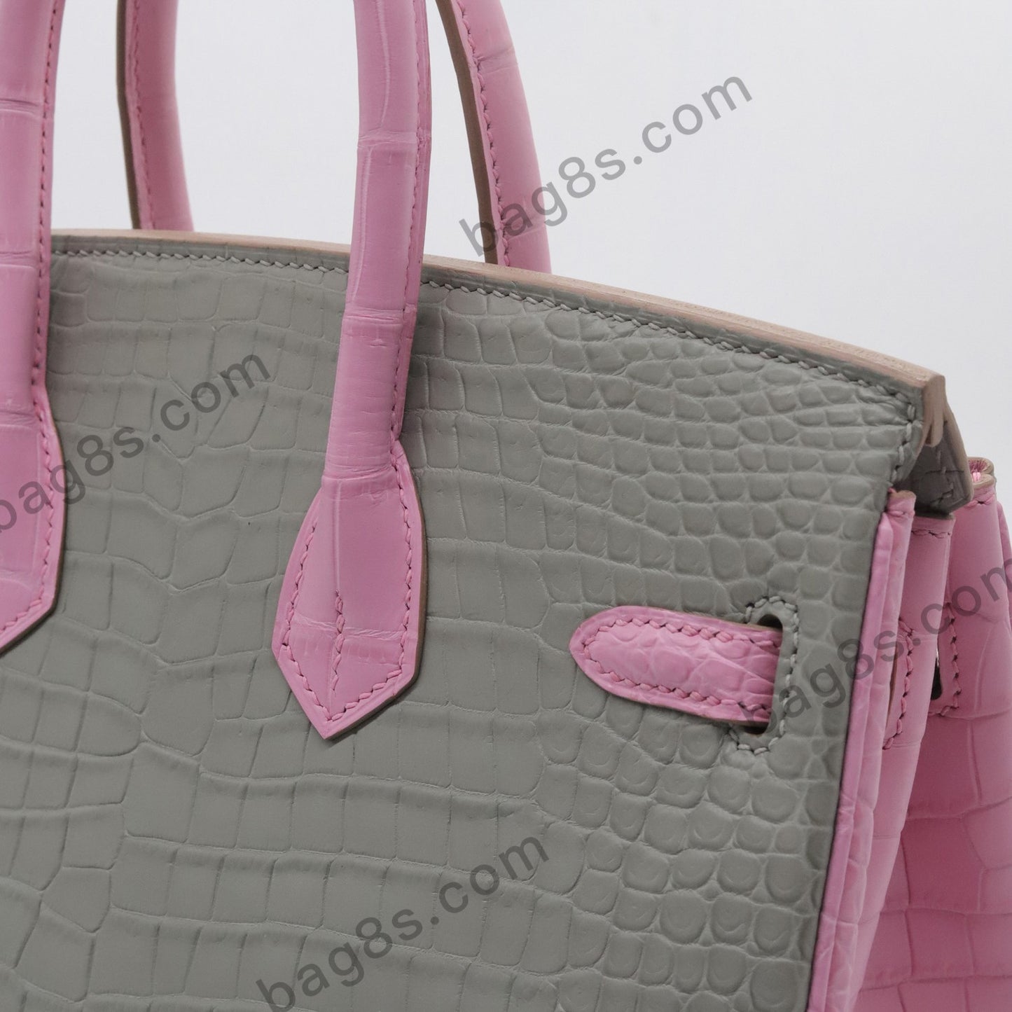 Matte Crocodile Platinum 25 Pearl Grey and Sakura Pink Gold Buckle