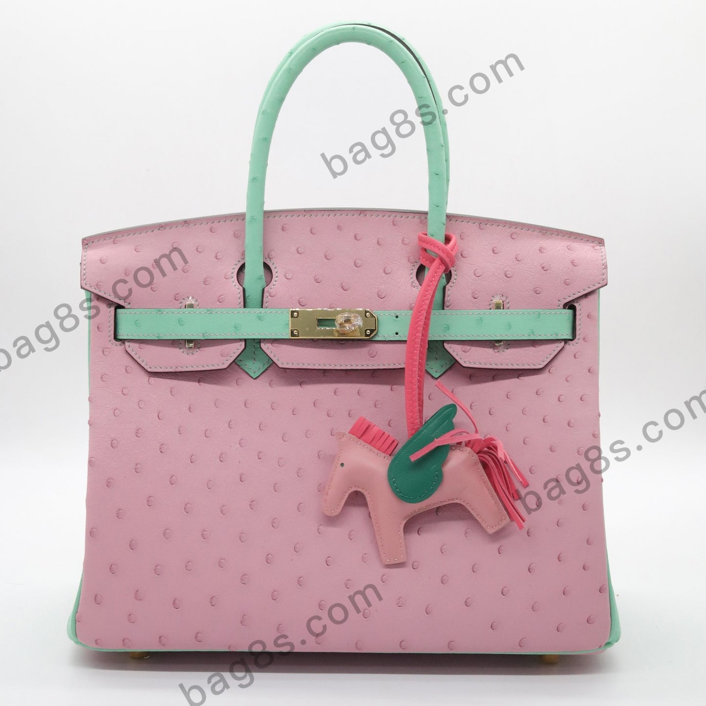 Ostrich leather platinum 30 cherry pink mint green gold buckle