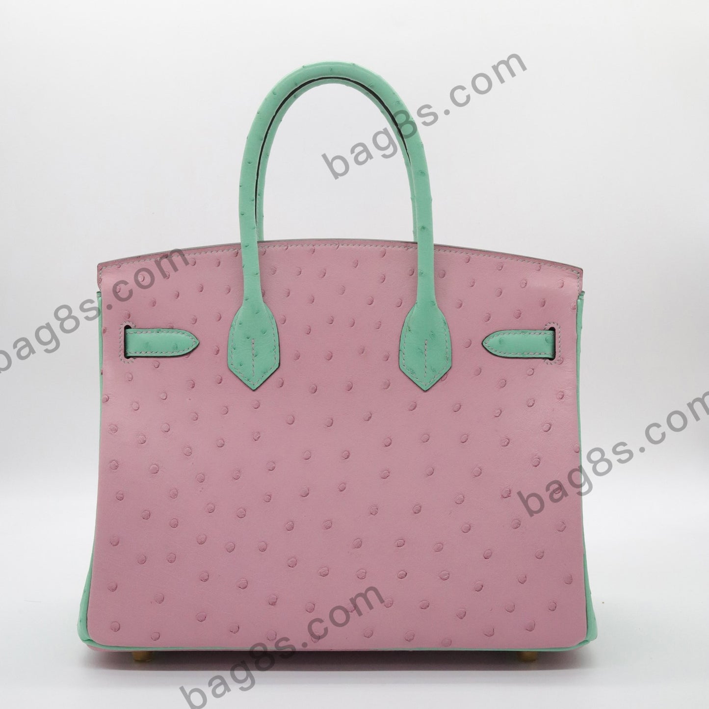 Ostrich leather platinum 30 cherry pink mint green gold buckle