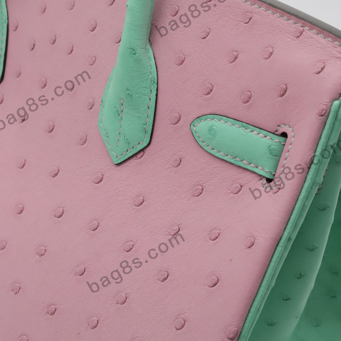 Ostrich leather platinum 30 cherry pink mint green gold buckle